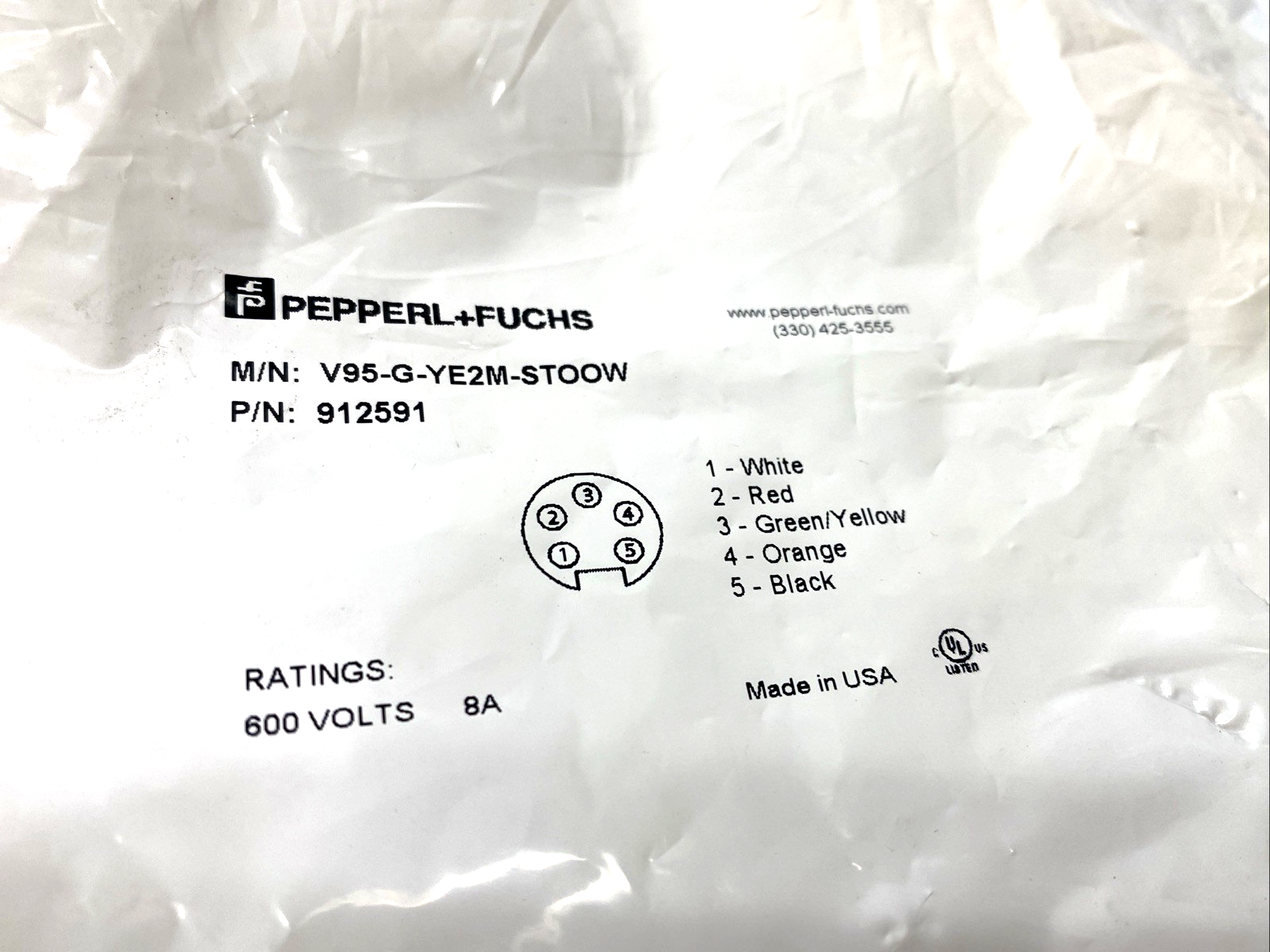 Pepperl+Fuchs V95-G-YE2M-STOOW Cordset Female 7/8" 5-Pin 2m 912591 - Maverick Industrial Sales
