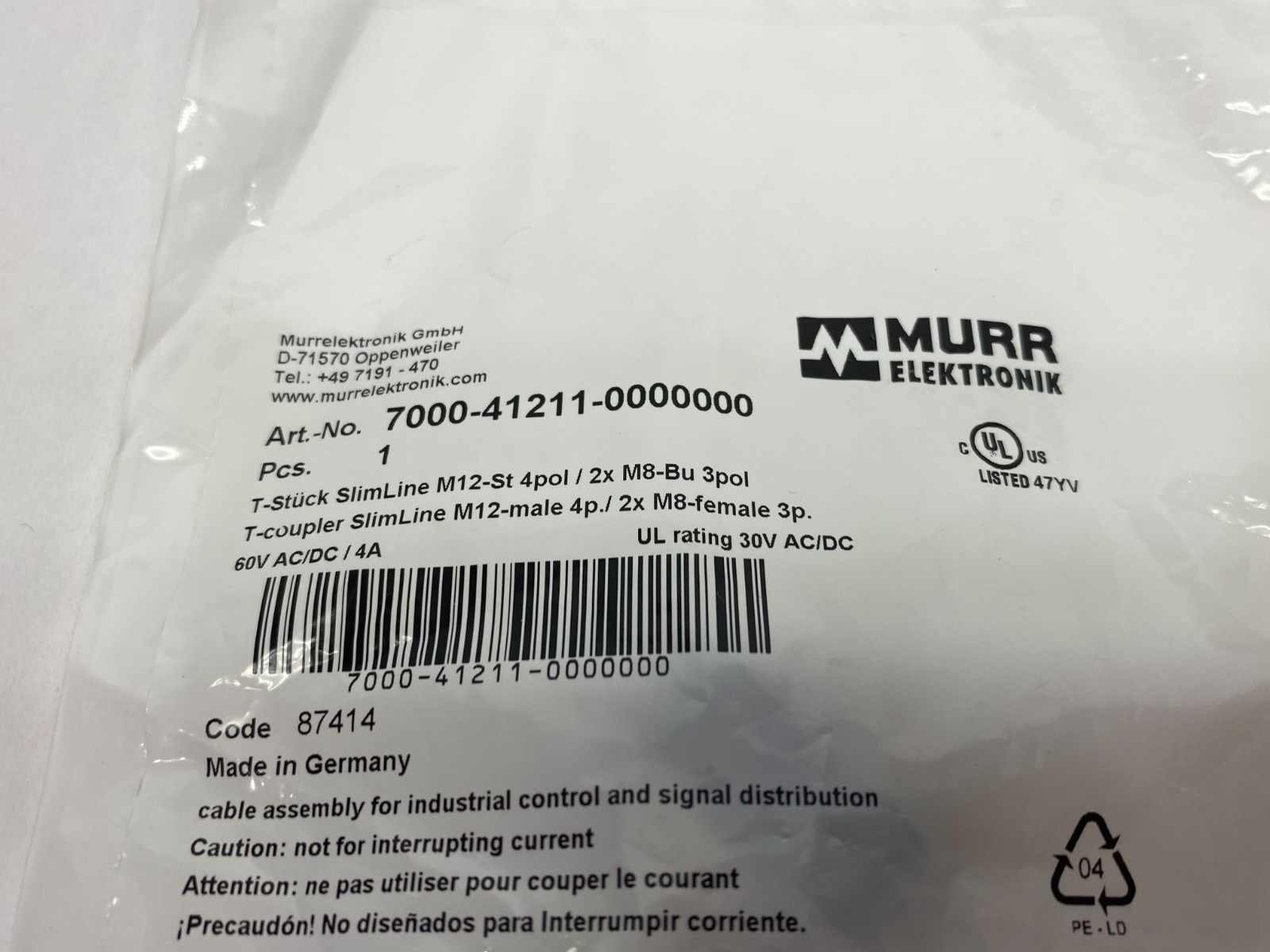 Murrelektronik 7000-41211-0000000 SlimLine T-Coupler M12 Male / 2x M8 3-Pol - Maverick Industrial Sales
