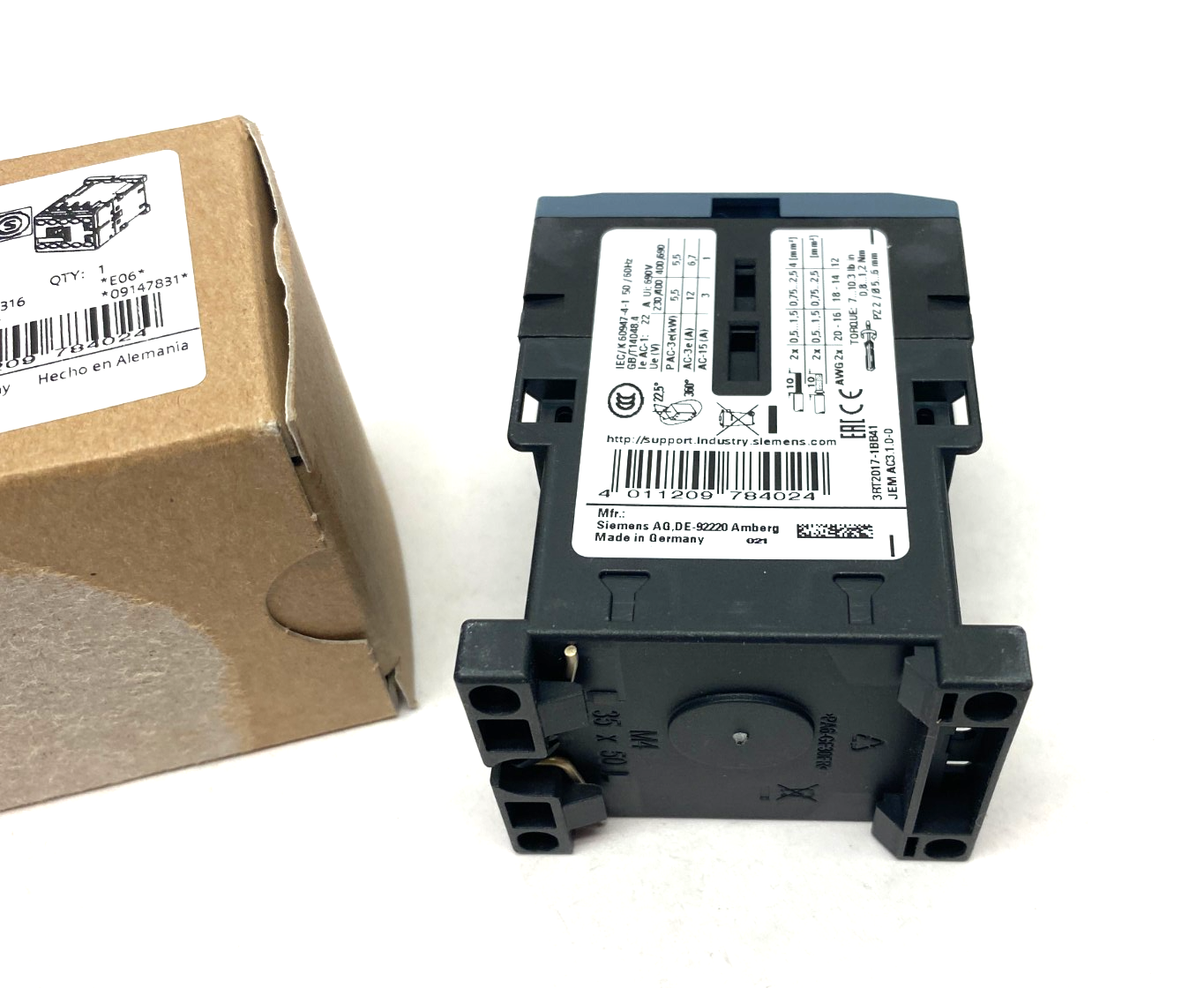 Siemens 3RT2017-1BB41 Sirius Contactor 12A, 400V, 5.5kW, 1NO - Maverick Industrial Sales