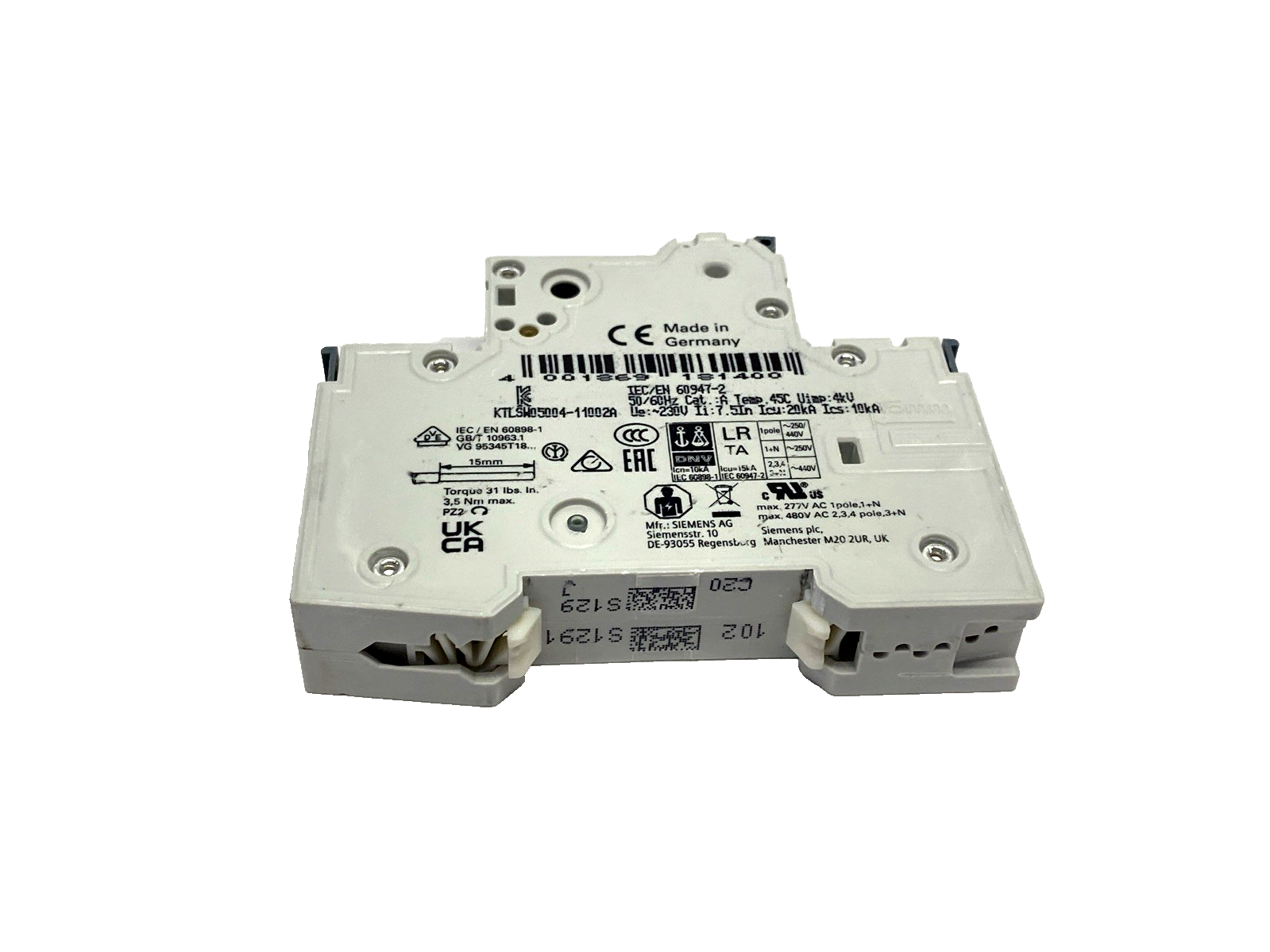 Siemens 5SY4120-7 Miniature Circuit Breaker 230/400V 10kA, 1-Pole, C-Trip, 20A - Maverick Industrial Sales