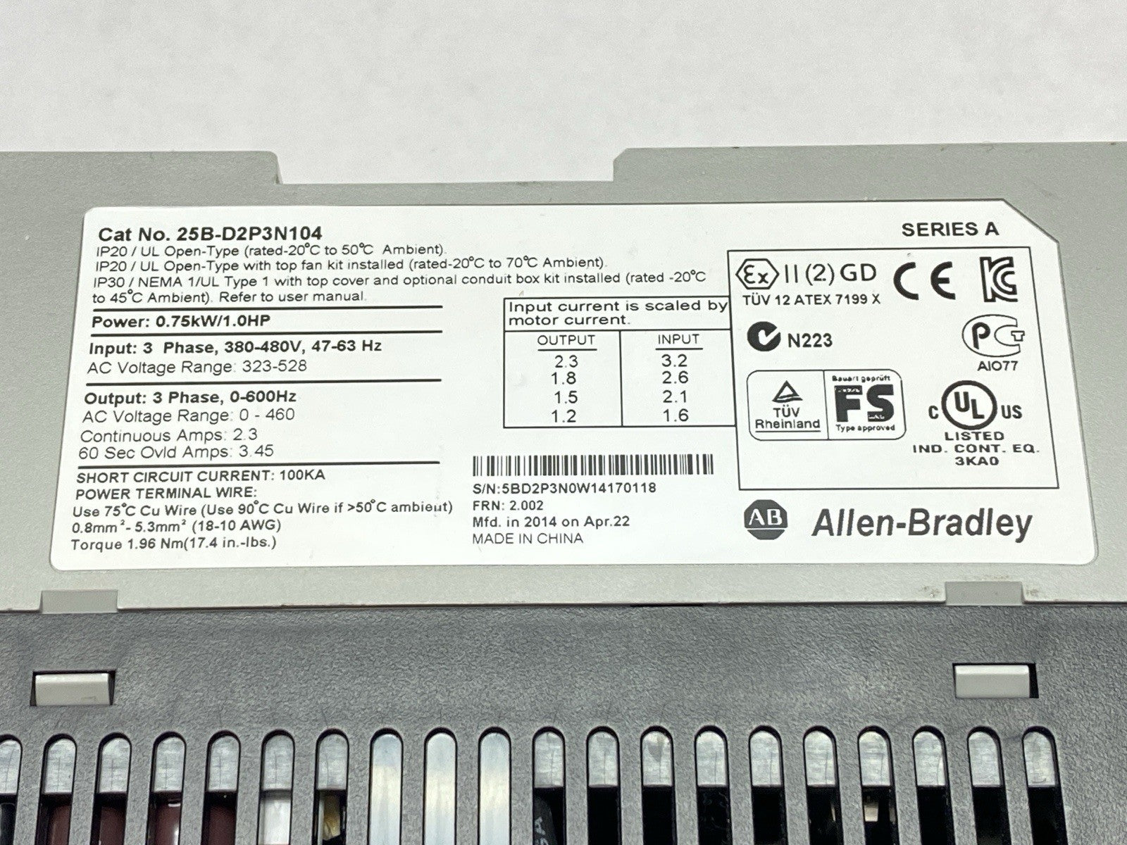 25B-D2P3N104 | Allen Bradley Ser A PowerFlex 525 AC Drive 2.3A 0-460V 0.75kW/1HP - Used - Maverick Industrial Sales
