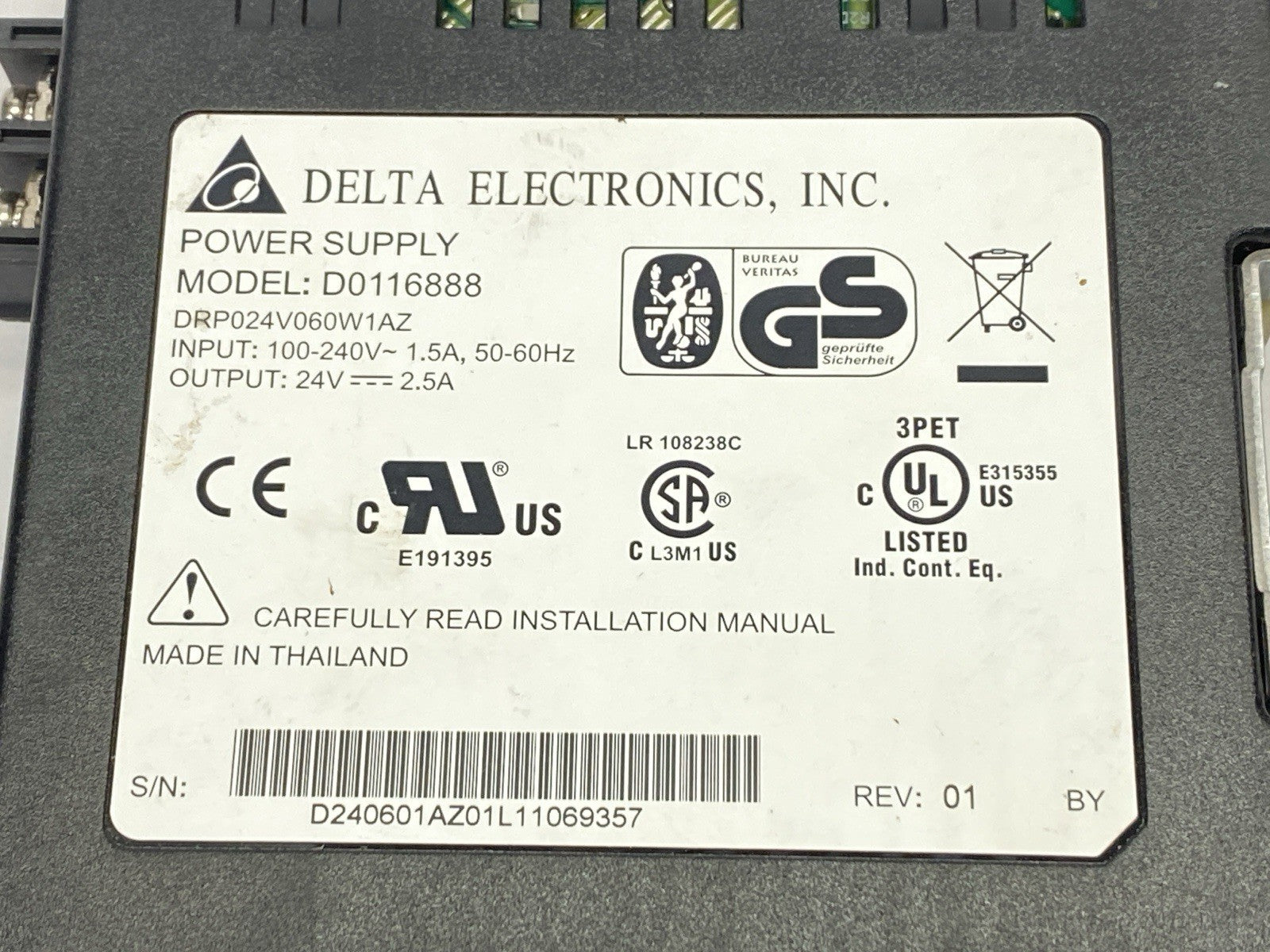 D0116888 | Delta Electronics Power Supply 1.5A 100-240V Input 2.5A 24V Output - Used - Maverick Industrial Sales