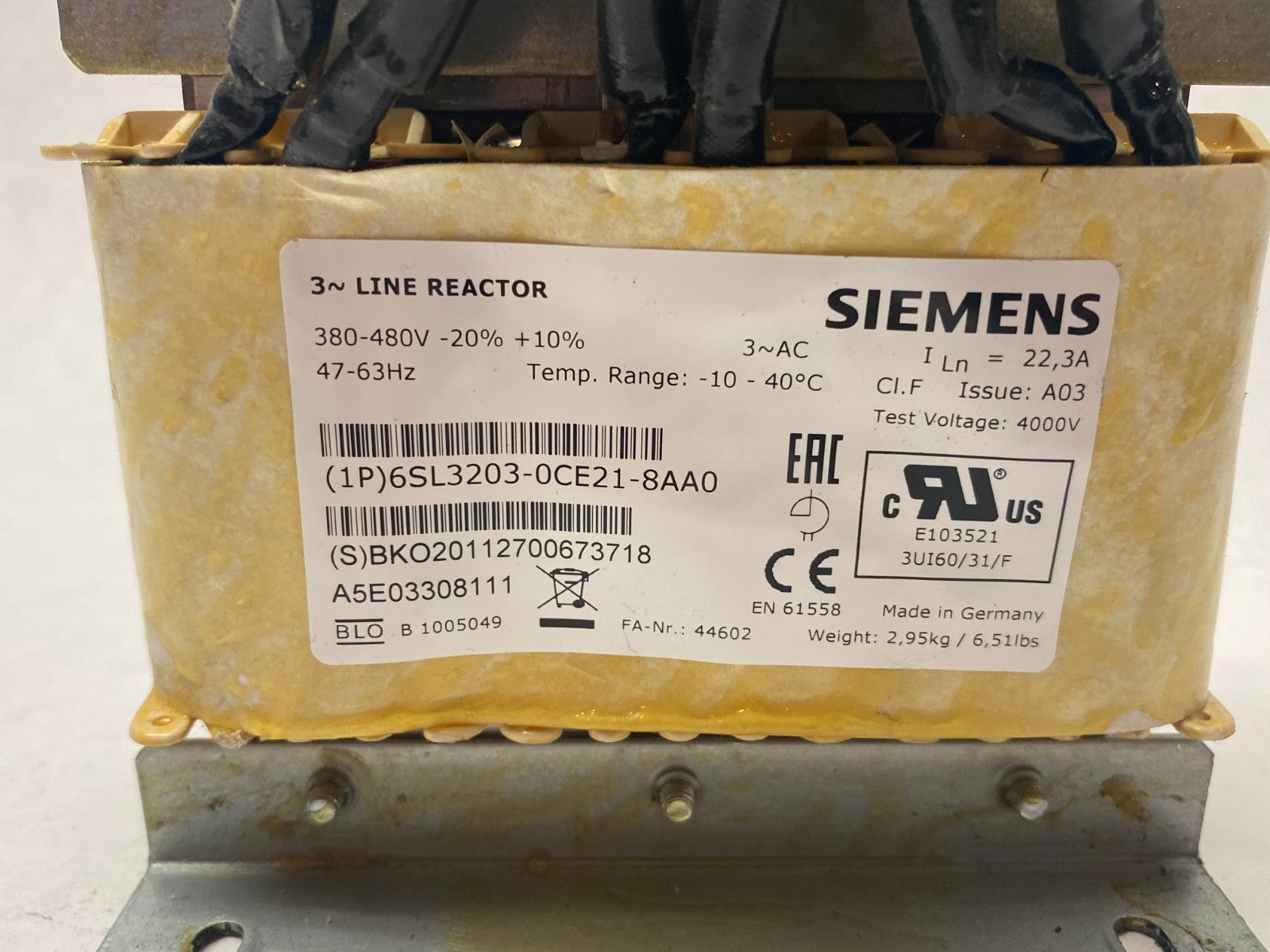 Siemens 6SL3203-0CE21-8AA0 SINAMICS Line Reactor 3~ 380-480V - Maverick Industrial Sales