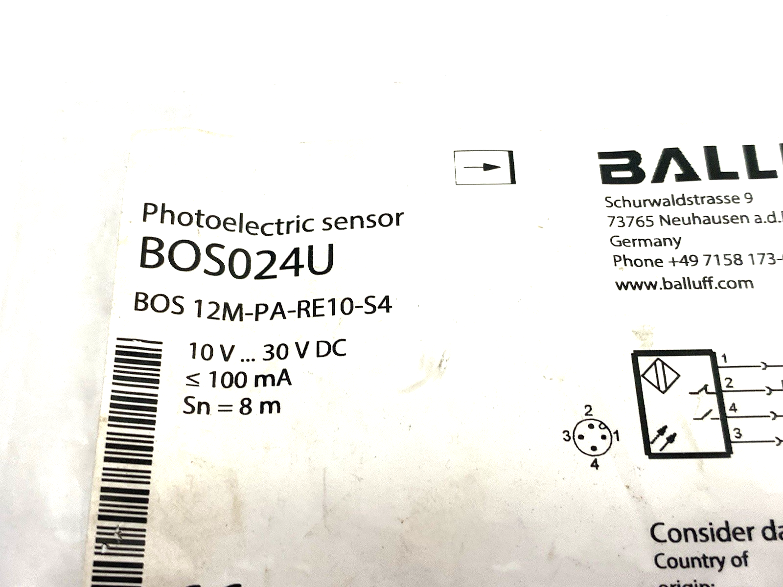 BOS024U | Balluff Through-beam Photoelectric Sensor Cylindrical BOS 12M-PA-RE10-S4 - New – Open box - Maverick Industrial Sales