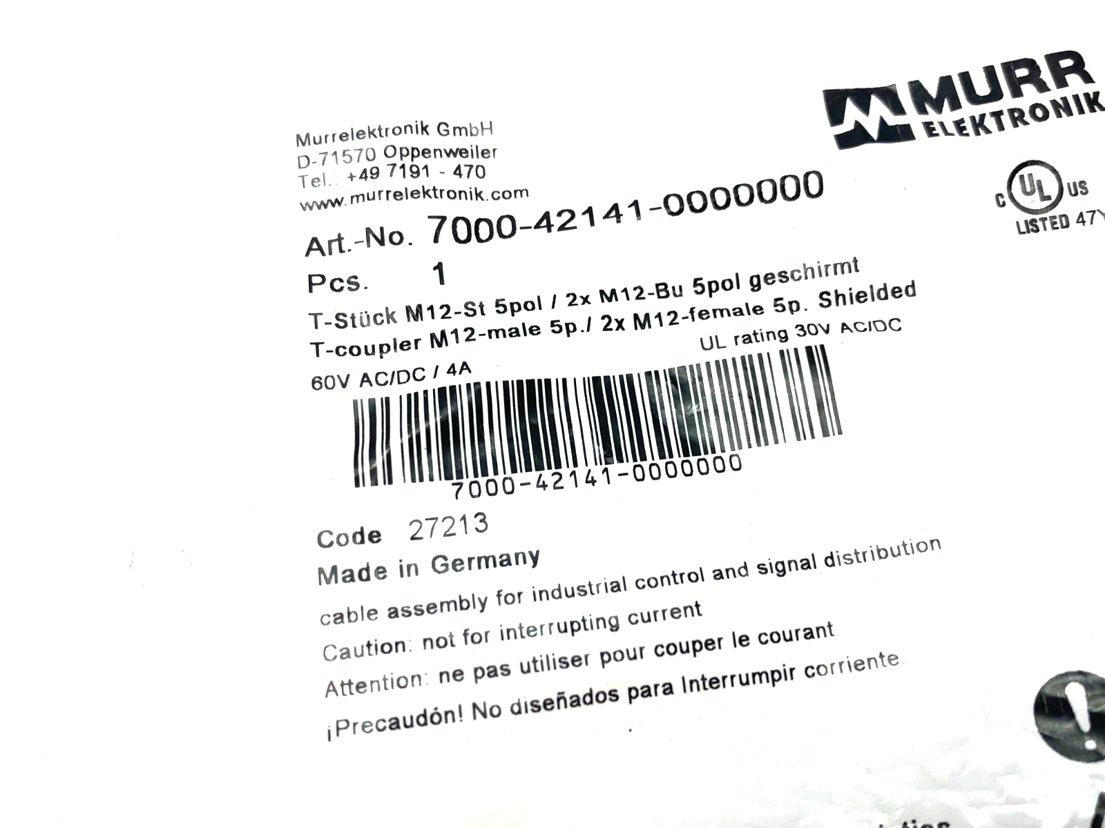 Murrelektronik 7000-42141-0000000 T-Coupler M12 5-Pin, Male To x2 Female 5-Pin - Maverick Industrial Sales