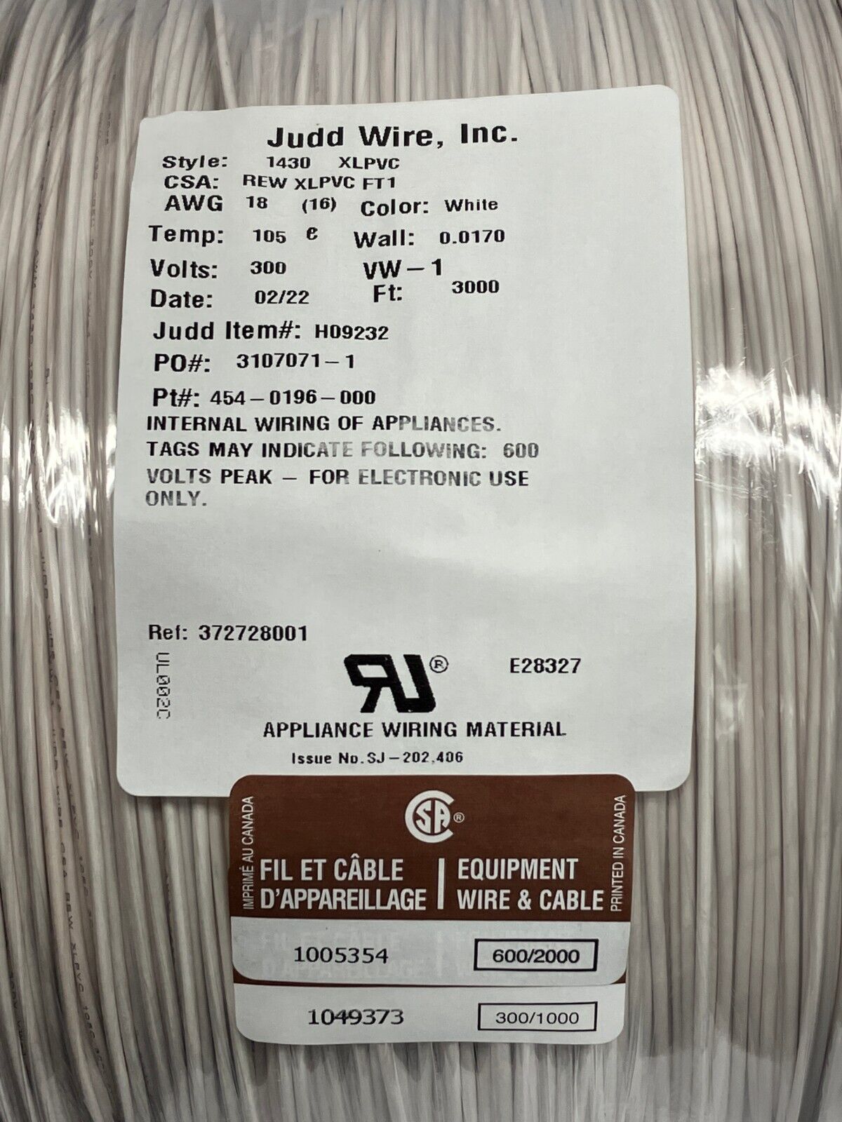 Judd Wire 18 AWG Wire, White, Style 1430, XLPVC 300V, 454-0196-000, 3000' FT - Maverick Industrial Sales