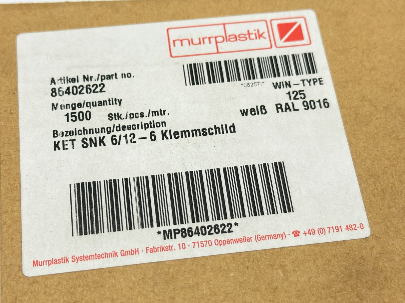 Murrplastik 86402622 Labeling Type KET SNK 6/12-6 WIN-Type 125 LOT OF 720 - Maverick Industrial Sales