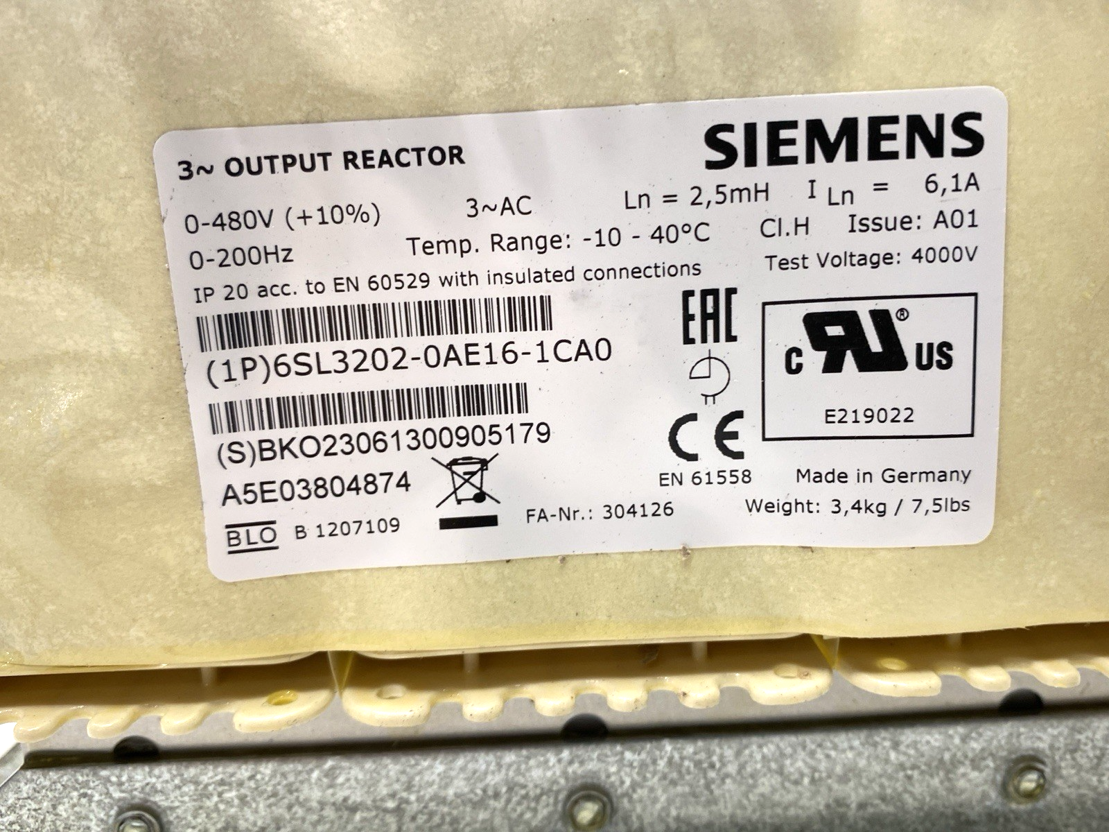 Siemens 6SL3202-0AE16-1CA0 3-Output Reactor 480V - Maverick Industrial Sales