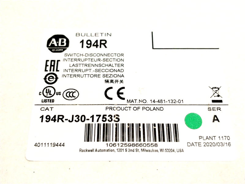 Allen Bradley 194R-J30-1753S Ser. A Rotary Disconnect Switch 30A 3P - Maverick Industrial Sales