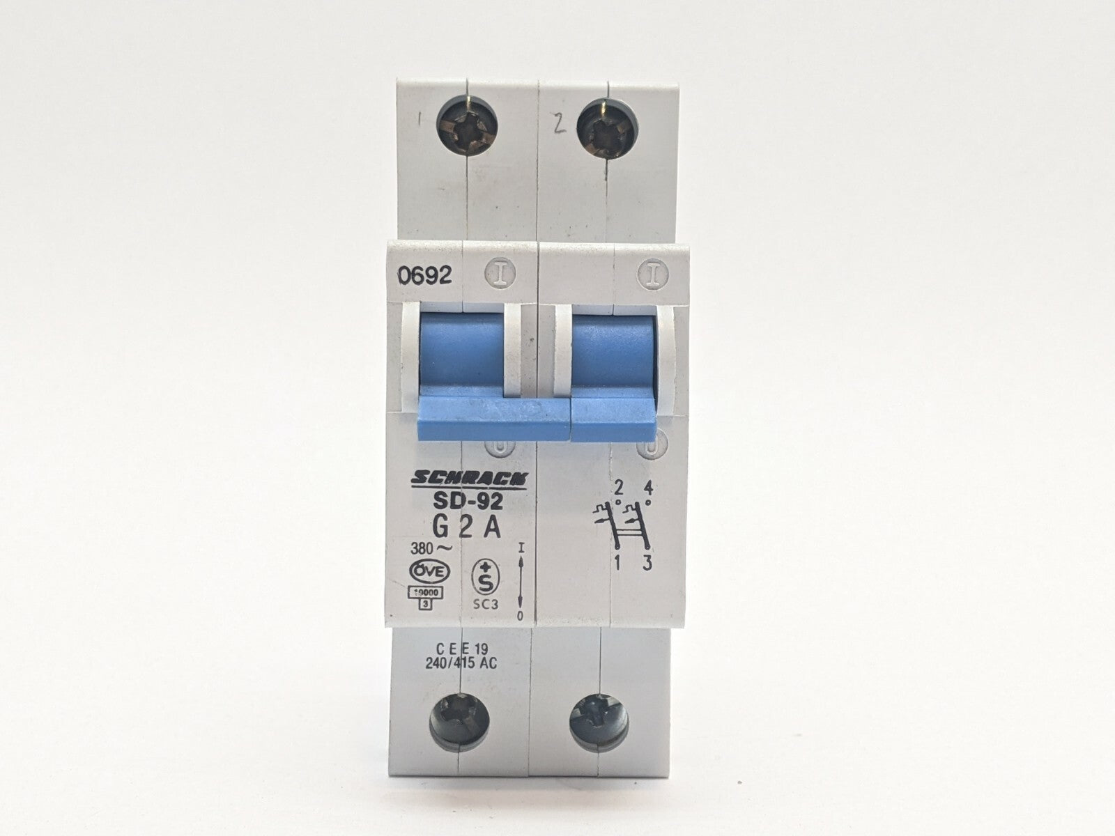Schrack SD-92-G2A Circuit Breaker 2 Pole 2A Rated 240-415 VAC - Maverick Industrial Sales