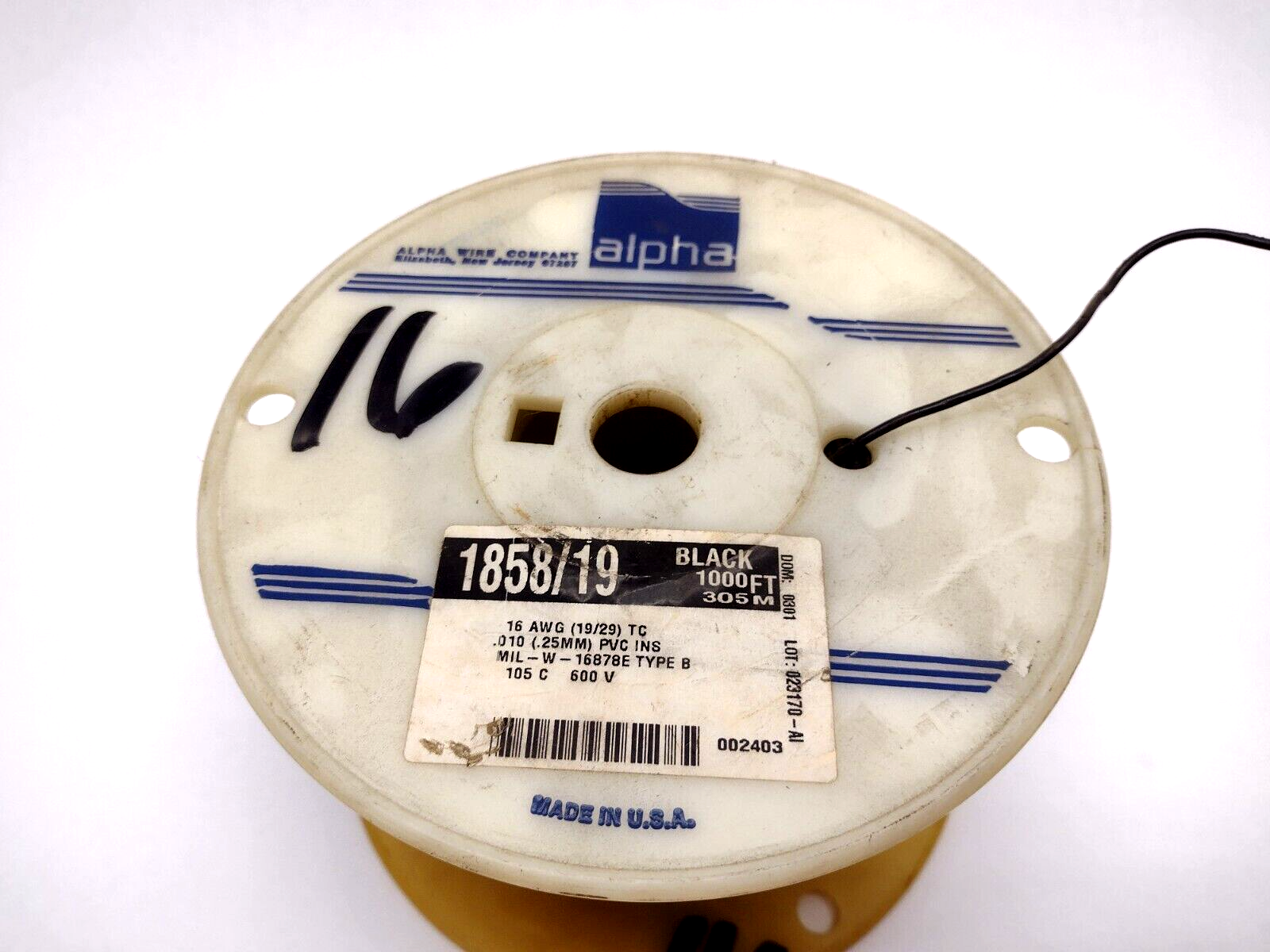 Alpha Wire 1858/19 Black 16 AWG 19/29 PVC MIL-W-16878E Type B, 3.5 lb Spool - Maverick Industrial Sales