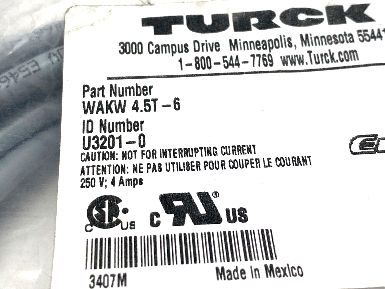 Turck WAKW 4.5T-6 Cordset M12 Female 5-Pin 6m U3201-0 - Maverick Industrial Sales
