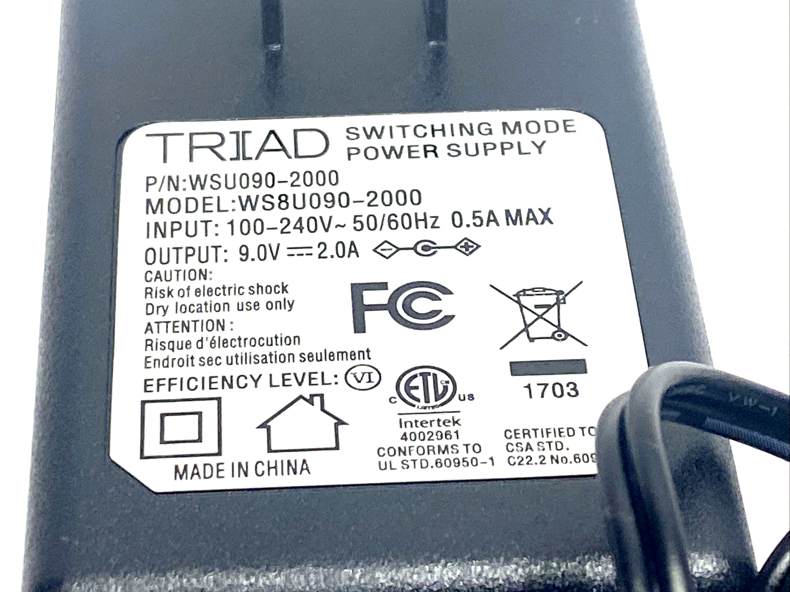 Triad Magnetics WSU090-2000 Power Supply Wall Plug, 100-240VAC 9VDC LOT OF 2 - Maverick Industrial Sales
