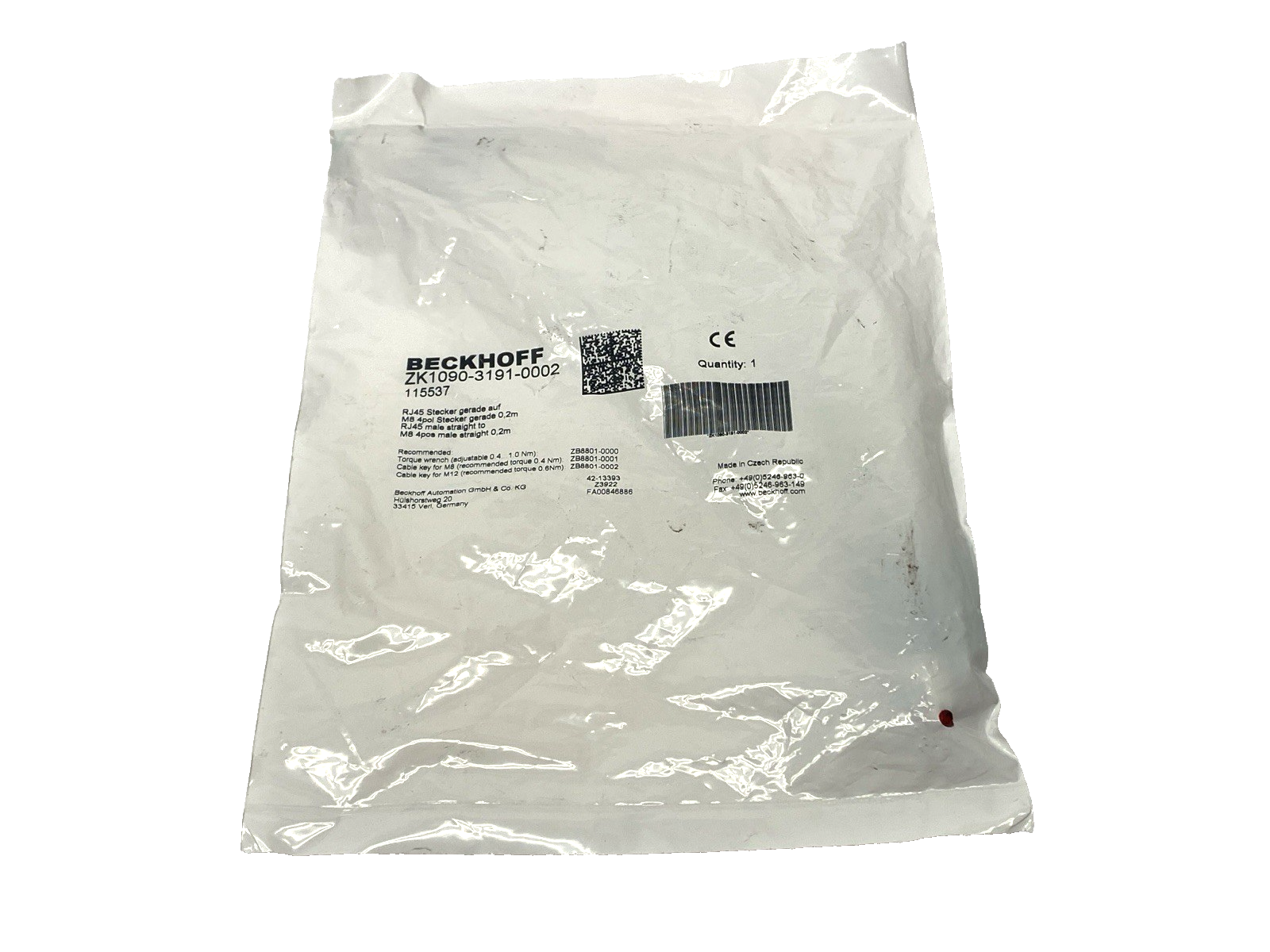 Beckhoff ZK1090-3191-0002 Ethernet Cable M8 Male to RJ45 Male 0.2m - Maverick Industrial Sales
