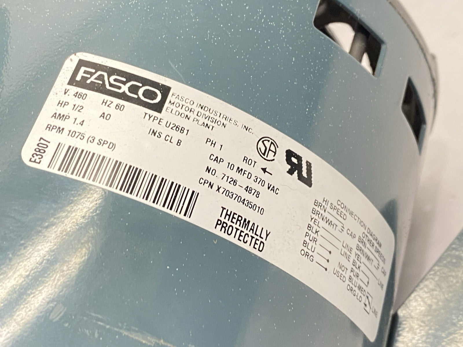 7126-4878 | Fasco Furnace Blower Motor Type U26B1 1/2HP 1075RPM 1.4A 460V - Used - Maverick Industrial Sales