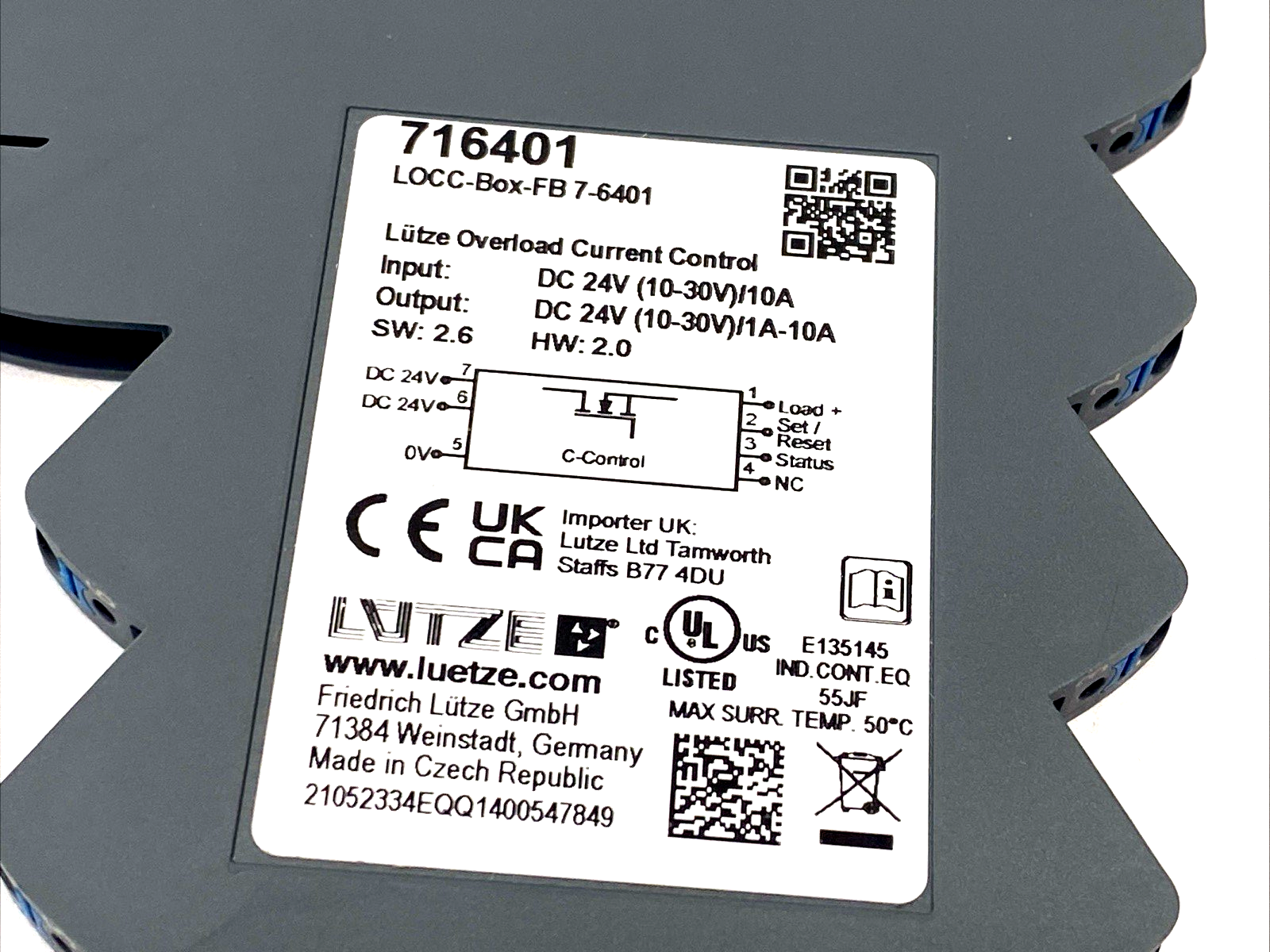 Lutze 716401 Electronic Circuit Breaker 10A 24VDC LOCC-Box-FB 7-6401 - Maverick Industrial Sales