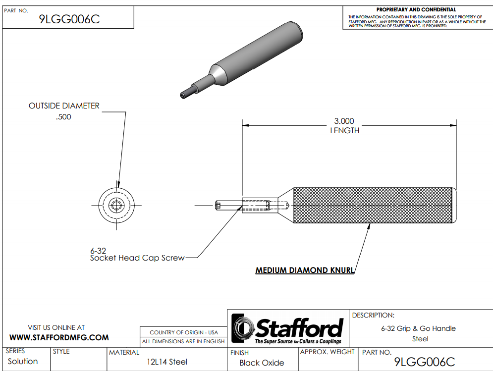 6-32 | Stafford 9LGG006C Grip & Go Quick Release Handle Alloy Steel - New – Open box - Maverick Industrial Sales