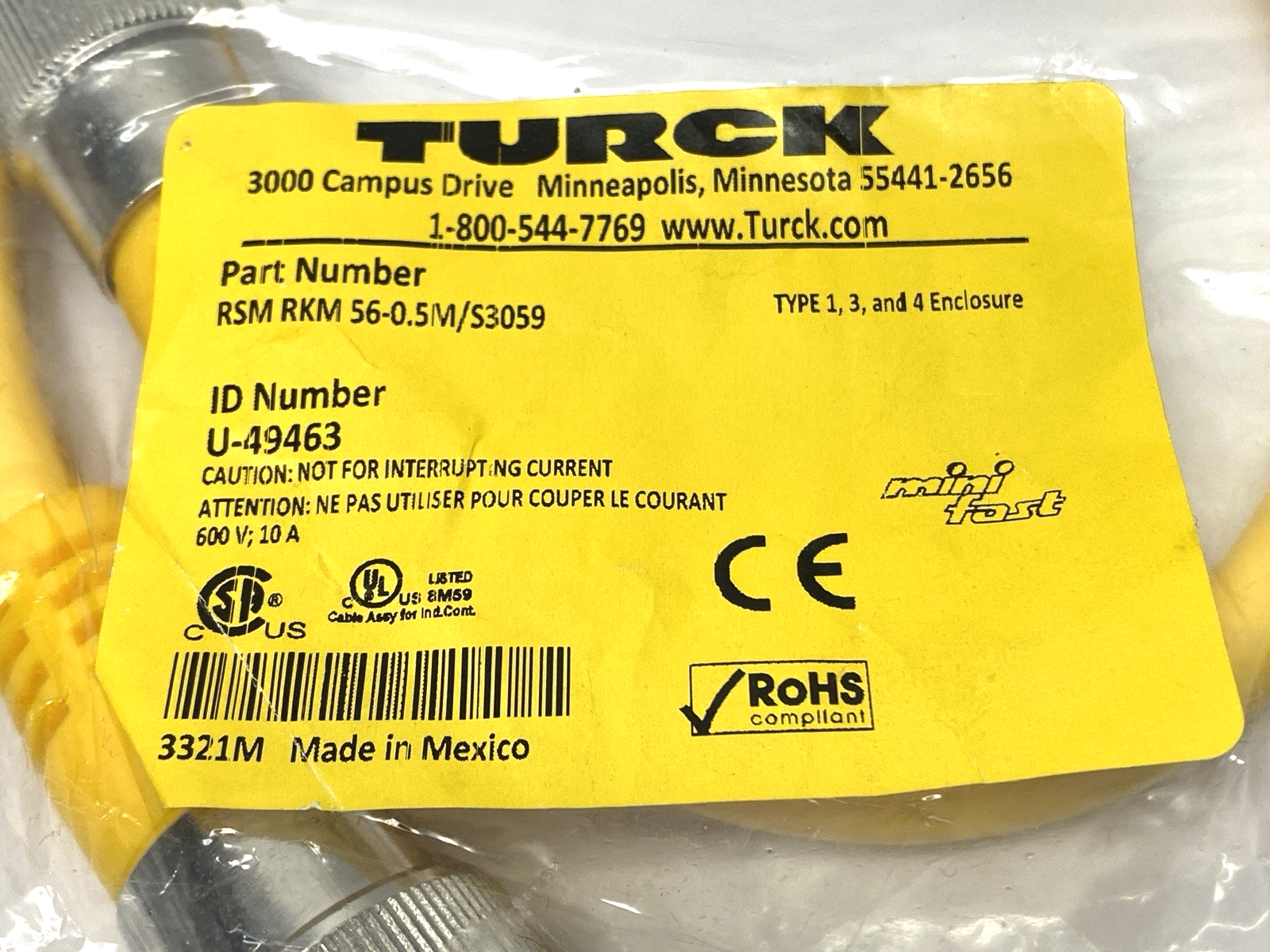 RSM RKM 56-0.5M/S305 | Turck 9 Double End Power Cable Male to Female 7/8" U-49463 - New - Maverick Industrial Sales