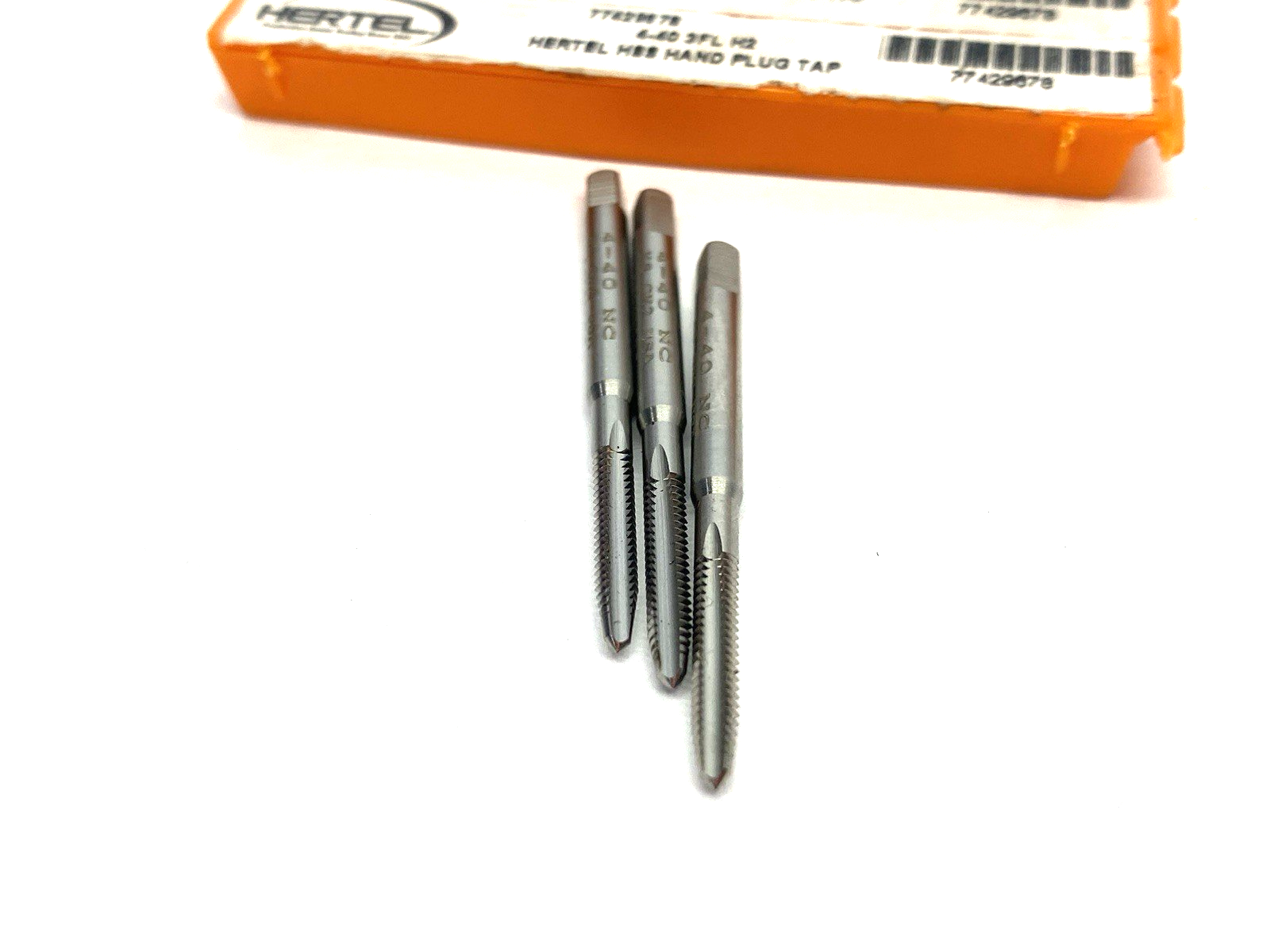 77429678 | Hertel Straight Flute Tap: #4-40 UNC, 3 Flute, Plug Chamfer, LOT OF 3 - New – Open box - Maverick Industrial Sales