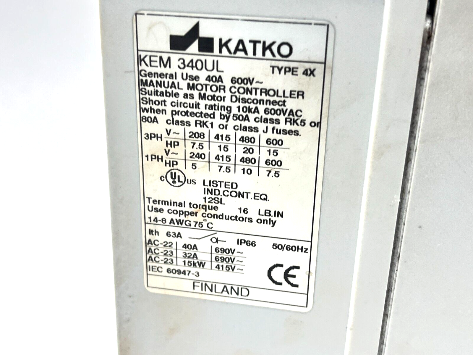 Katko KEM 340UL Manual Motor Controller Type 4X 40A 600VAC - Maverick Industrial Sales
