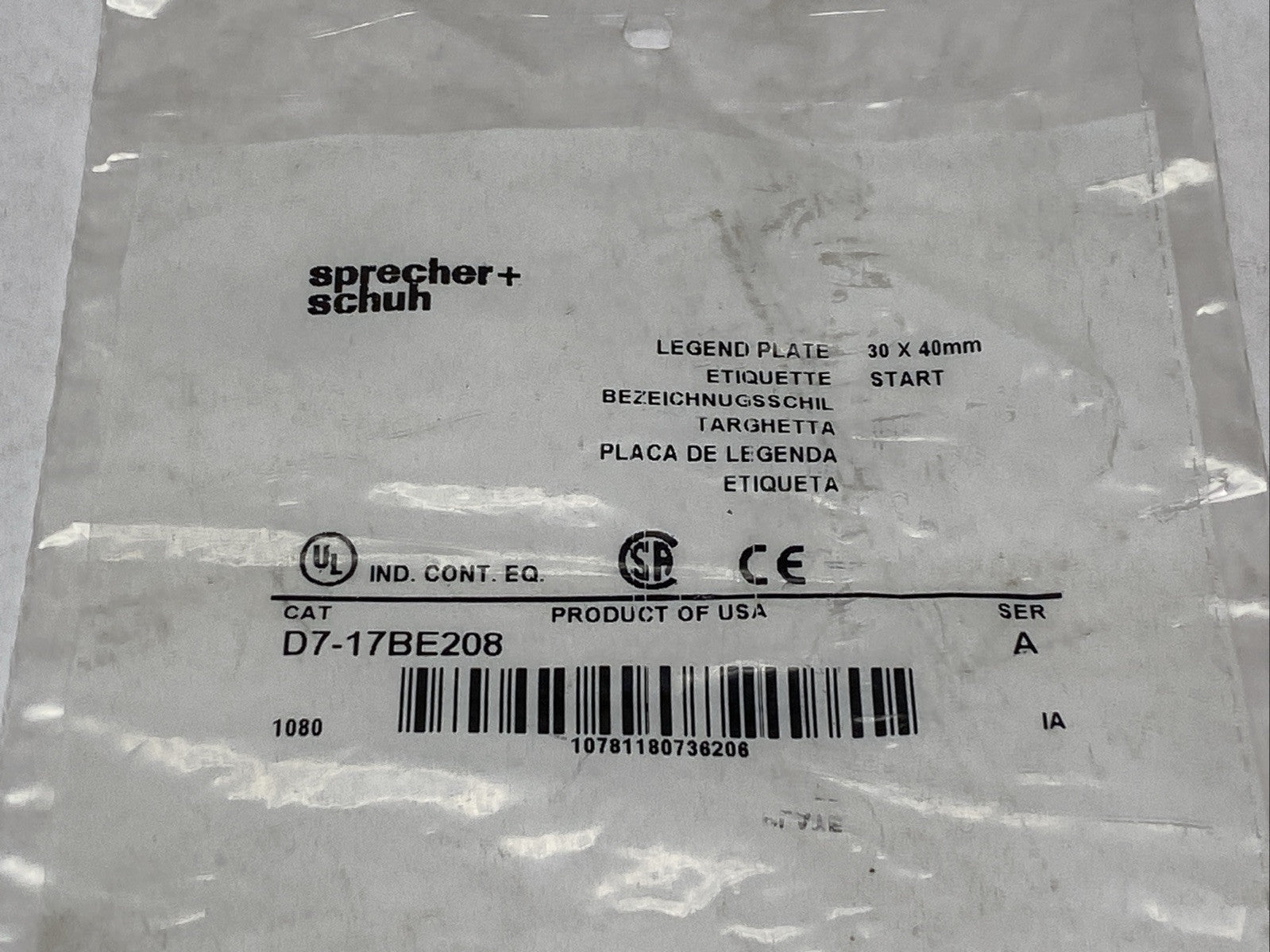 Sprecher+Schuh D7-17BE208 Ser A Legend Plate START - Maverick Industrial Sales