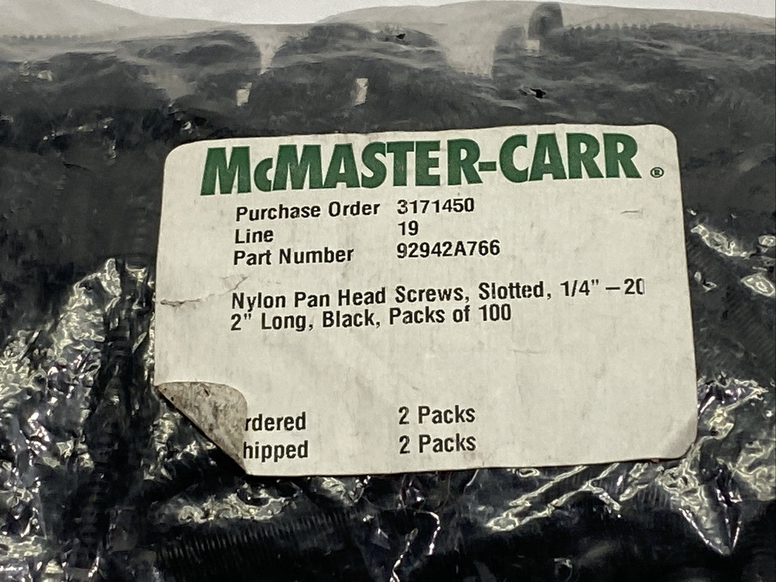 92942A766 Nylon Pan Head Slotted Screws 1/4"-20 Thread 2" Length PKG OF 100 - Maverick Industrial Sales