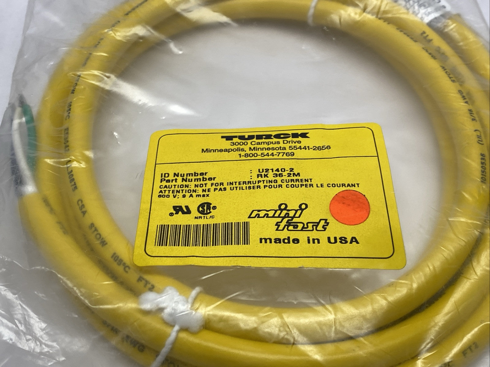 Turck RK 36-2M Actuator And Sensor Cordset Female 7/8" 3-Pin 2m U2140-2 - Maverick Industrial Sales