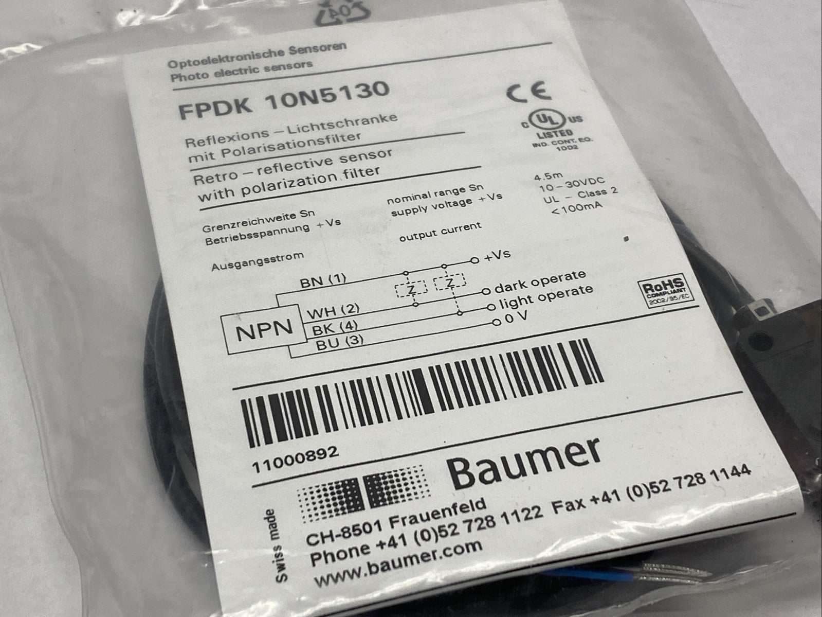 Baumer FPDK 10N5130 Retro-Reflective Sensor 2m 4-pin - Maverick Industrial Sales