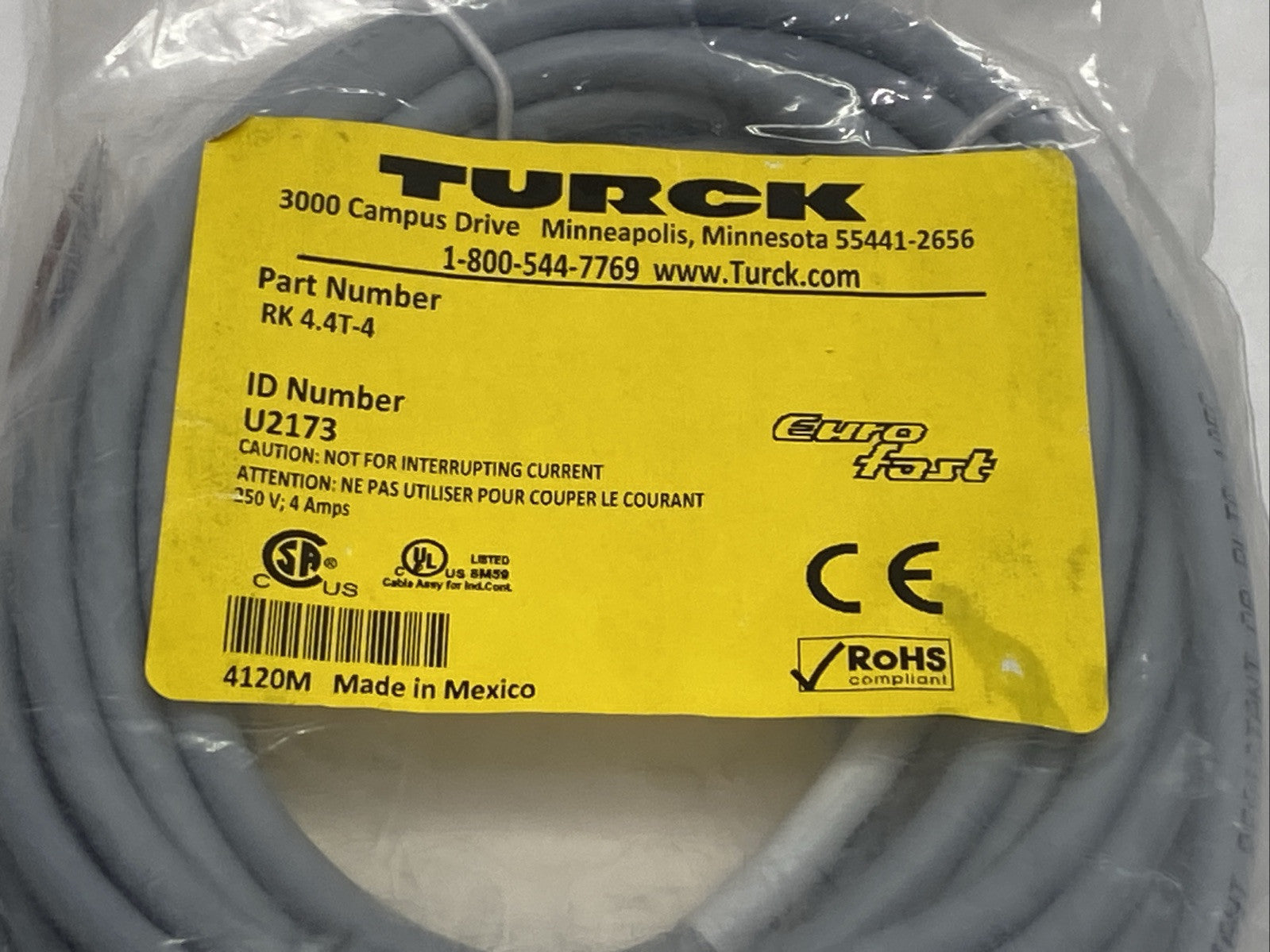Turck RK 4.4T-4 Eurofast Cordset M12 Female 5-Pin - Flying Leads 75" U2173 - Maverick Industrial Sales