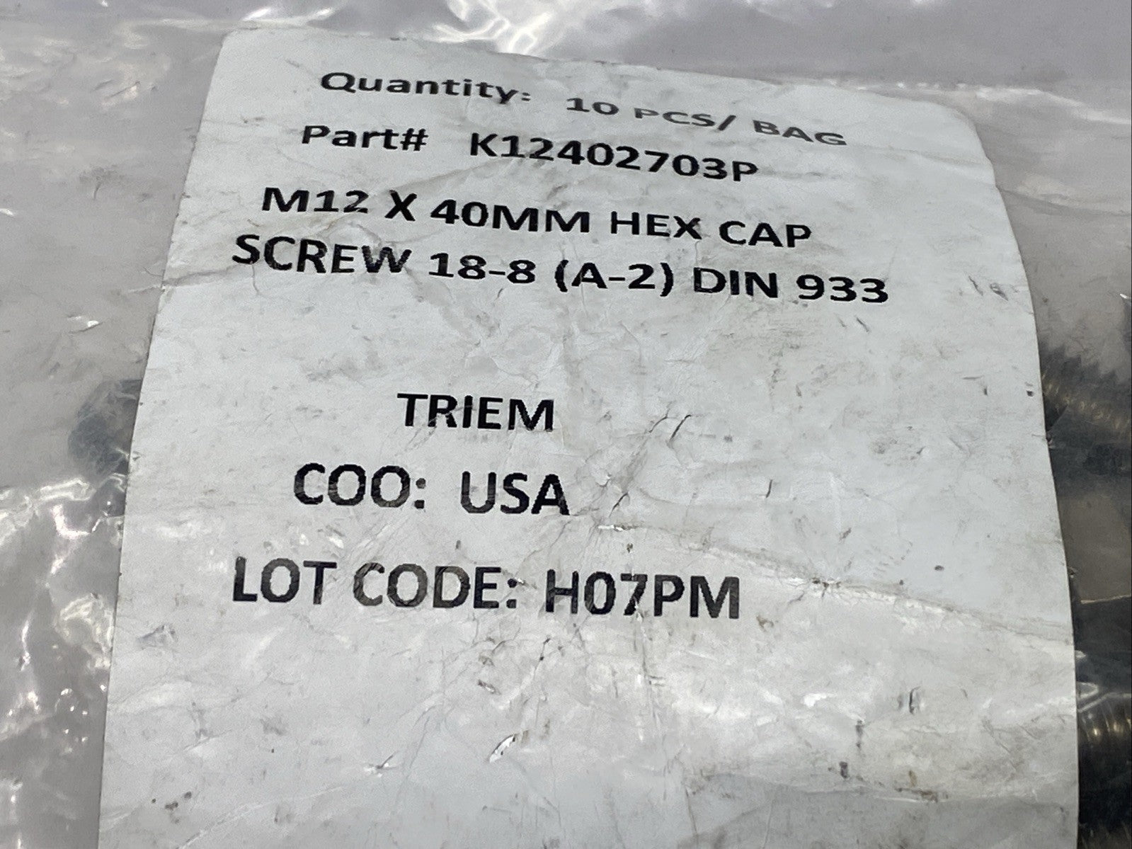 K12402703P Hex Cap Screw M12 x 40mm LOT OF 10 - Maverick Industrial Sales