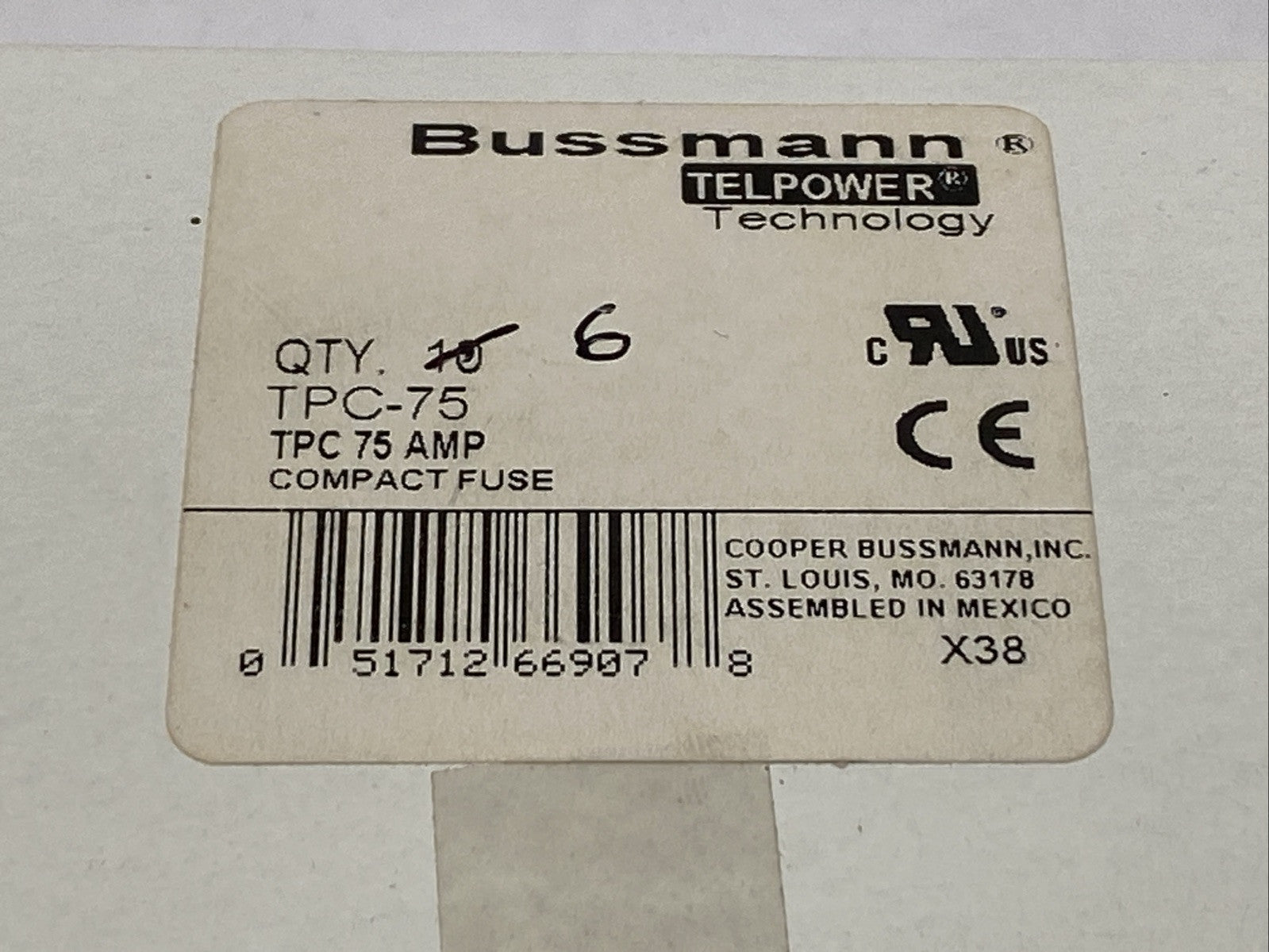 Eaton Bussmann TPC-75 Compact Telecommunication Fuse 75A 80VDC LOT OF 6 - Maverick Industrial Sales