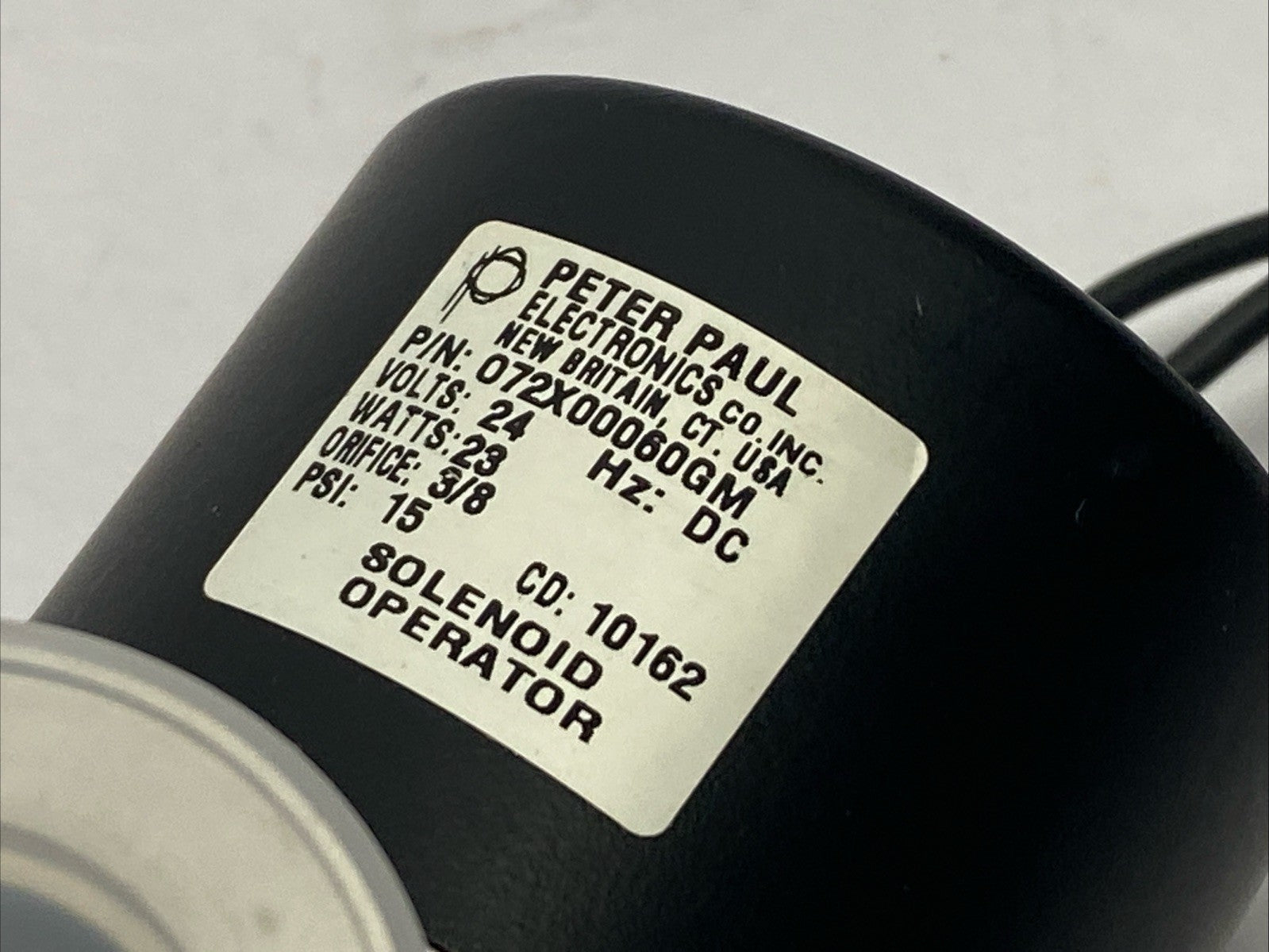 Peter Paul Electronics 072X00060GM Solenoid Operator Valve 3/8" 24VDC 23W 15PSI - For parts or not working - Maverick Industrial Sales