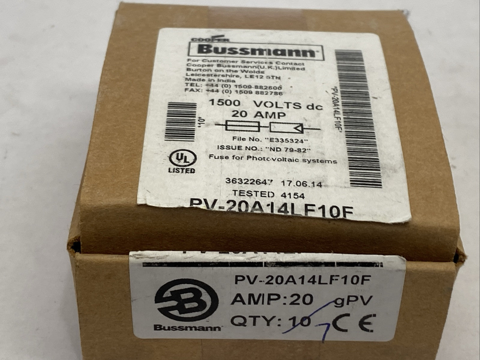Cooper Bussmann PV-20A14LF10F Photovoltaic Fuse 20A 1500VDC LOT OF 7 - Maverick Industrial Sales