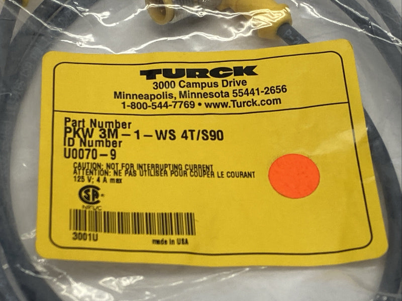 Turck PKW 3M-1-WS 4T/S90 Cable M8 Female 3-Pin M8 - Angle Male M12 4-Pin U0070-9 - Maverick Industrial Sales