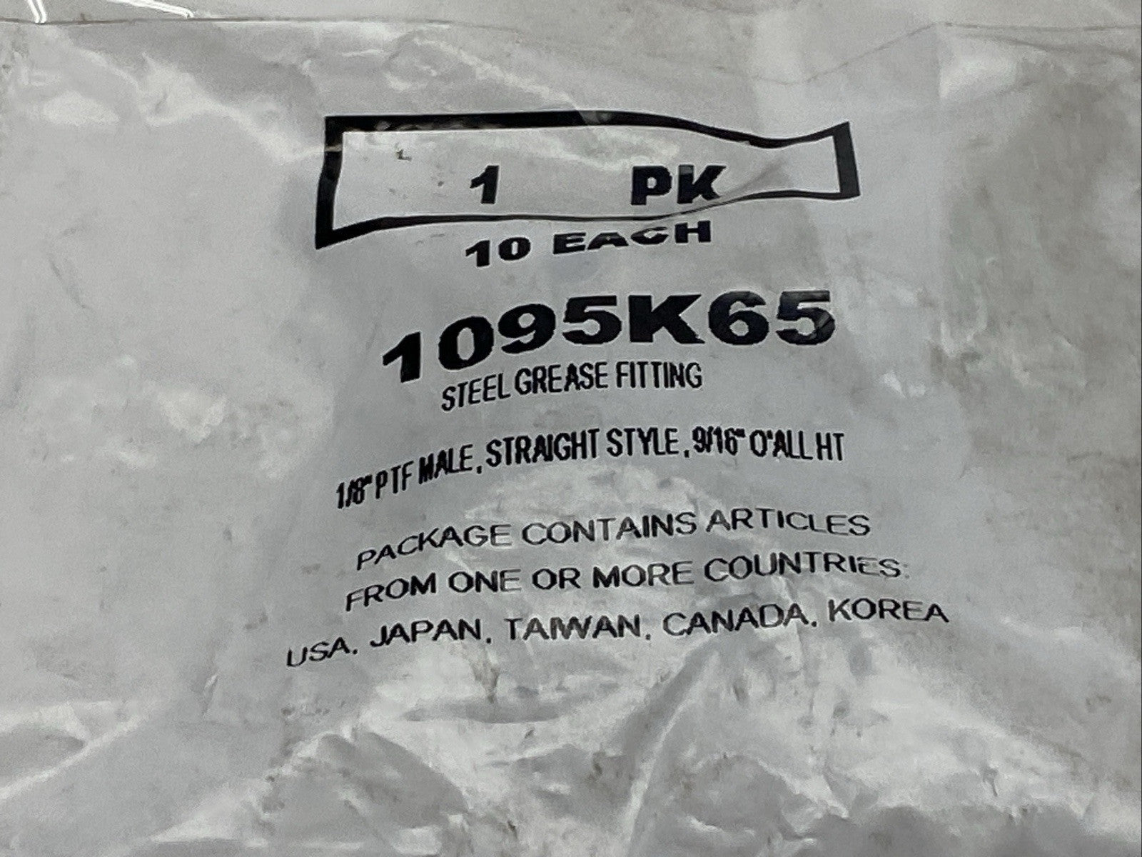 1095K65 Grease Fitting 1/8" PTF-SAE Male 9/16" Height PKG OF 10 - Maverick Industrial Sales