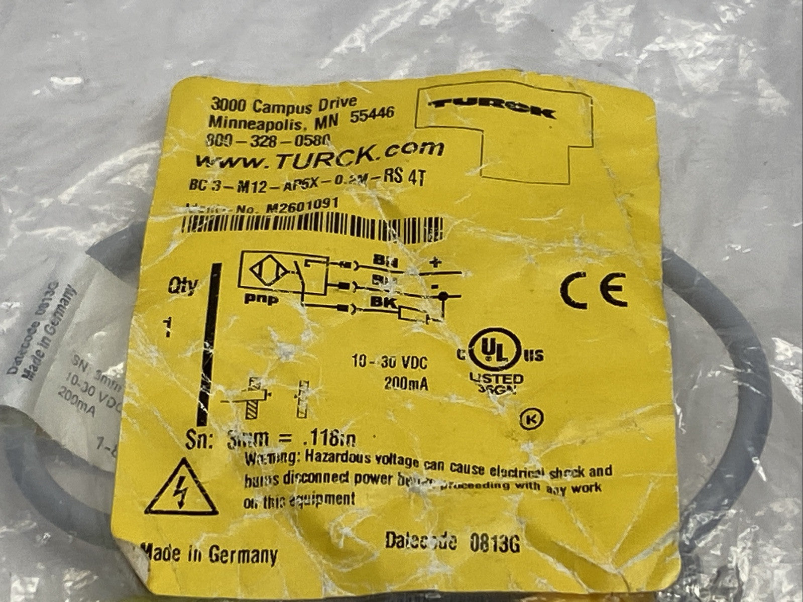 Turck BC3-M12-AP6X-0.2M-RS4T Proximity Sensor Male M12 4-Pin M2601091 - Maverick Industrial Sales