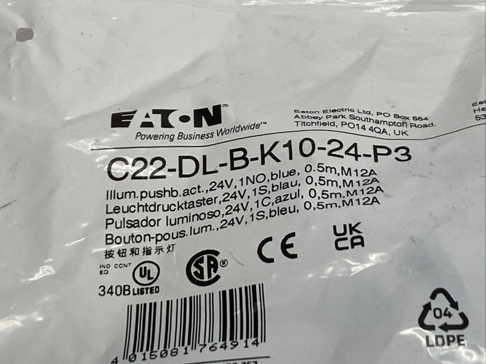 Eaton C22-DL-B-K10-24-P3 RQM Illuminated Compact Momentary Pushbutton Blue 24V - Maverick Industrial Sales