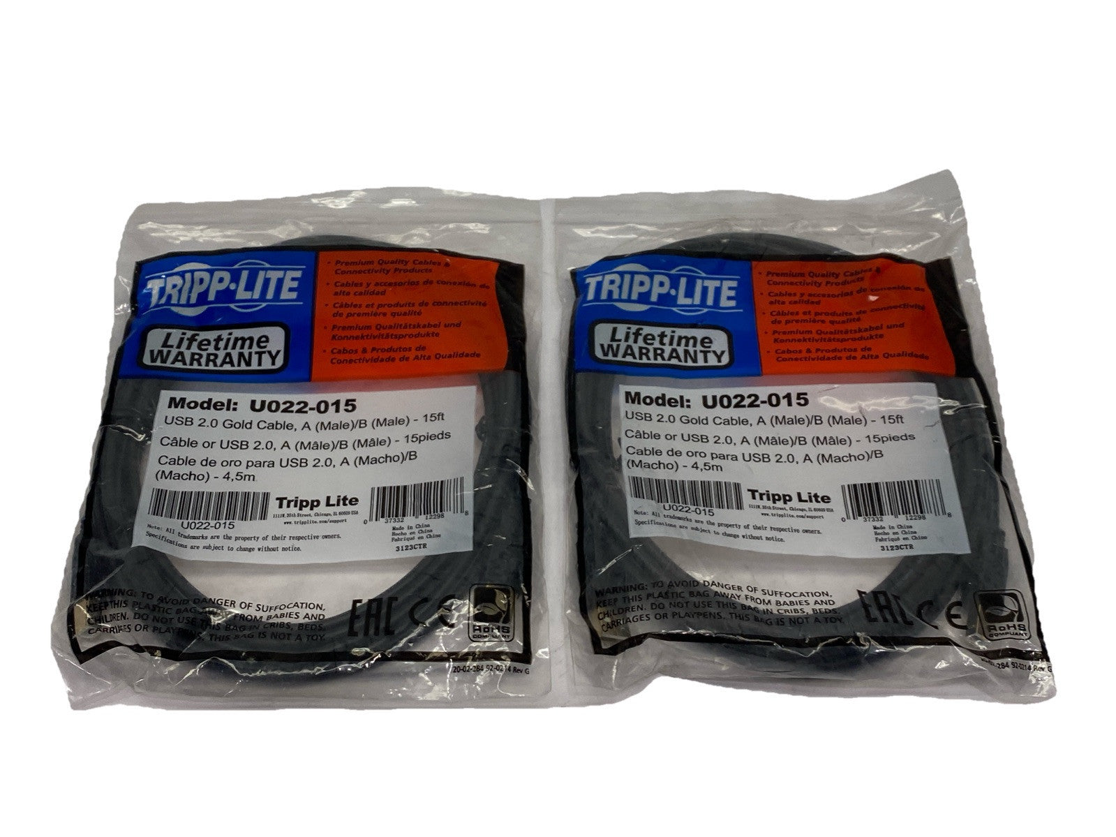Tripp Lite U022-015 Hi-Speed USB 2.0 A to B Cable Assembly 15' Length LOT OF 2 - Maverick Industrial Sales