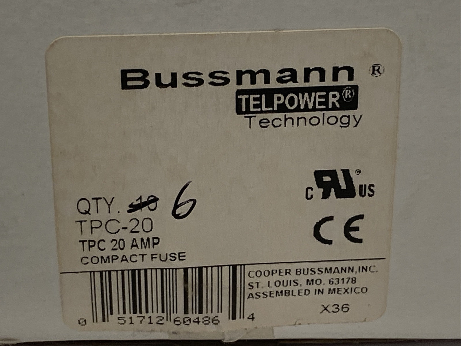 Eaton Bussmann TPC-20 Compact Telecommunication Fuse 20A 80VDC LOT OF 6 - Maverick Industrial Sales