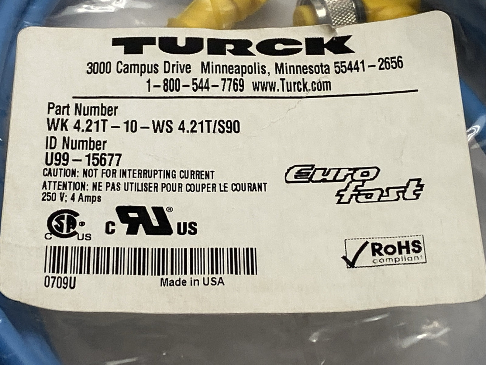 Turck WK 4.21T-10-WS 4.21T/S90 Actuator Sensor Cordset M/F M12 4-Pin U99-15677 - New - Maverick Industrial Sales