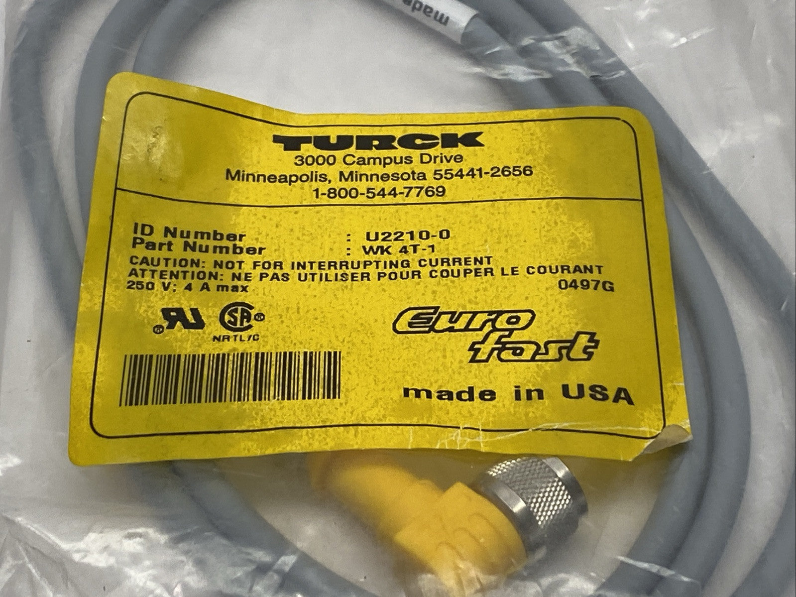 Turck WK 4T-1 Actuator And Sensor Cordset Female M12 3-Pin 1m U2210-0 - Maverick Industrial Sales