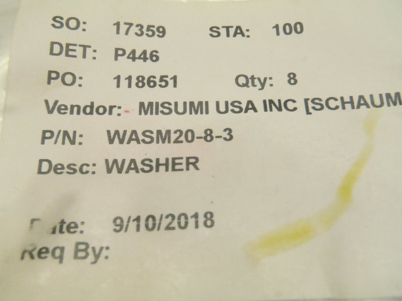 Misumi WASM20-8-3 Carbon Steel Washers 20mm x 8mm x 3mm Lot of 8 - Maverick Industrial Sales