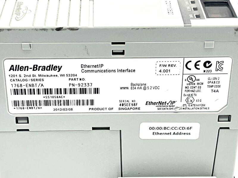 Allen Bradley 1768-ENBT SER A CompactLogix EthernetIP Module FW 4.001 92337 - Maverick Industrial Sales