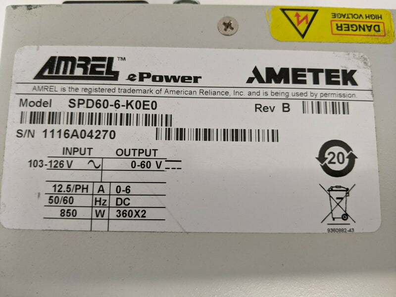 Ametek Amrel SPD60-6-K0E0 Rev B ePower Programmable DC Power Supply 60V 6A - Maverick Industrial Sales