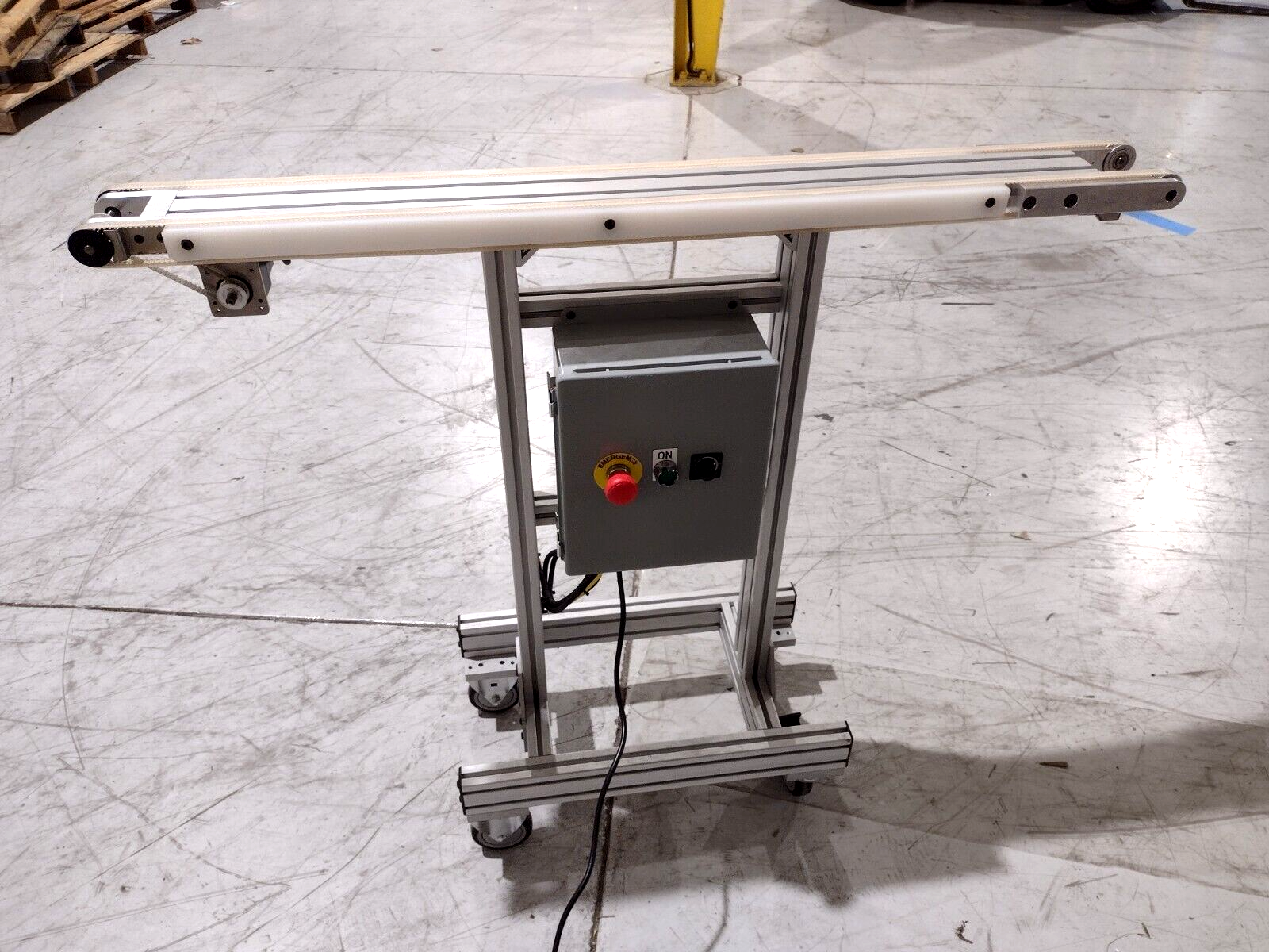 Mobile Dual Belt Conveyor 48" L x 5" W x 42" H 115 VAC with Locking Casters - Maverick Industrial Sales