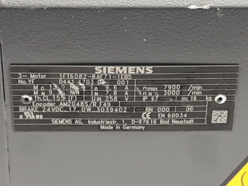 Siemens 1FT6082-8AF71-1EB5 Synchronous Servomotor AM2048S/RF49 Encoder 3000rpm - Maverick Industrial Sales