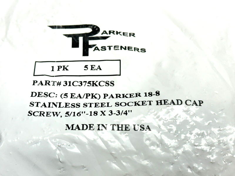 Parker 31C375KCSS 18-8 SS Socket Head Cap Screw 5/16"-18 x 3-3/4" LOT OF 5 - Maverick Industrial Sales