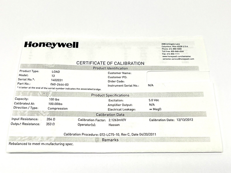 Honeywell 060-2444-03 Subminiature Load Cell 100lbs Range 5VDC - Maverick Industrial Sales