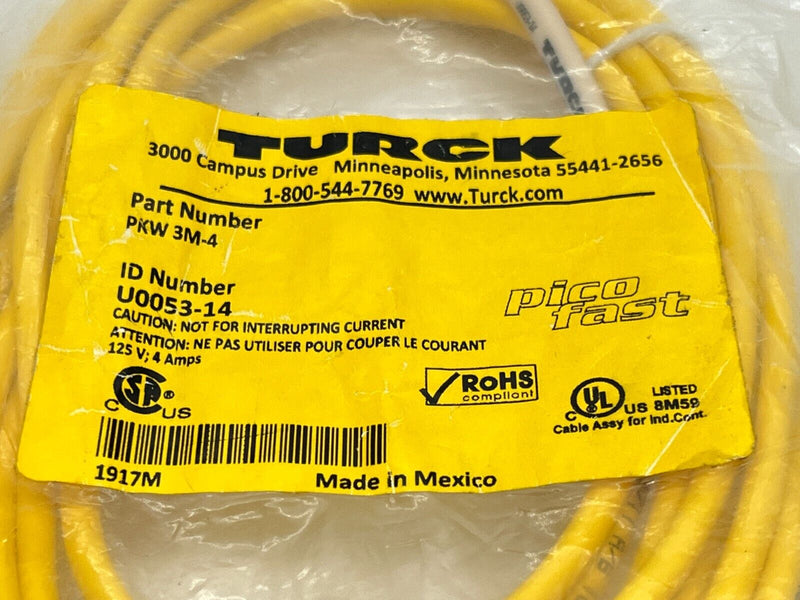 Turck PKW 3M-4 Picofast Cordset M8 Female Right-Angle 3-Pin 4m U0053-14 - Maverick Industrial Sales