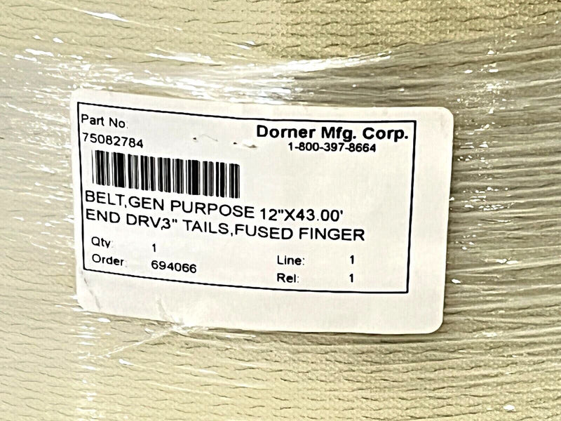 Dorner 75082784 General Purpose Conveyor Belt 12" Width 43.00' Length 3" Tails - Maverick Industrial Sales